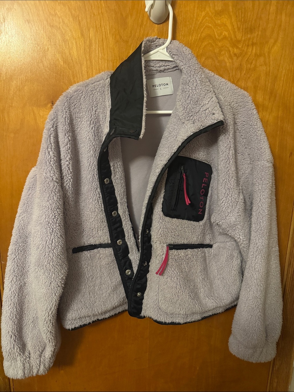 Peloton Lavender Sherpa Jacket with Black Trim and Pink Accents